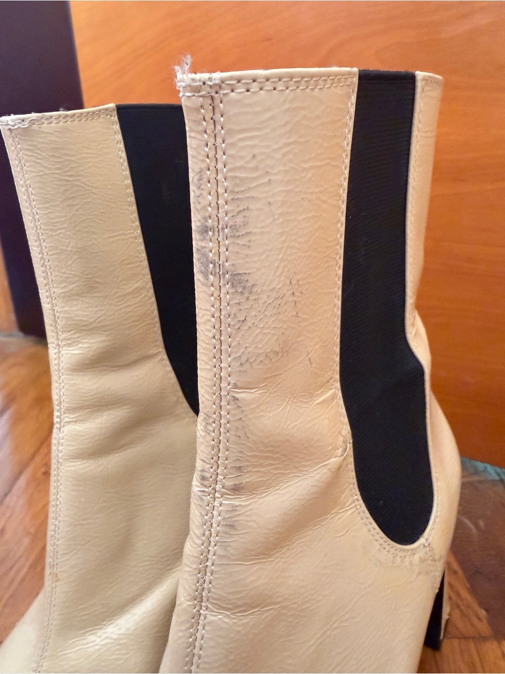 Zara Cream Leather Chelsea Block Heel Ankle Boots with Black Elastic - Picture 3 of 4